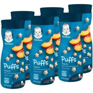 6 Canisters Gerber Puffs Peach, 1.48 oz. Puffs pink